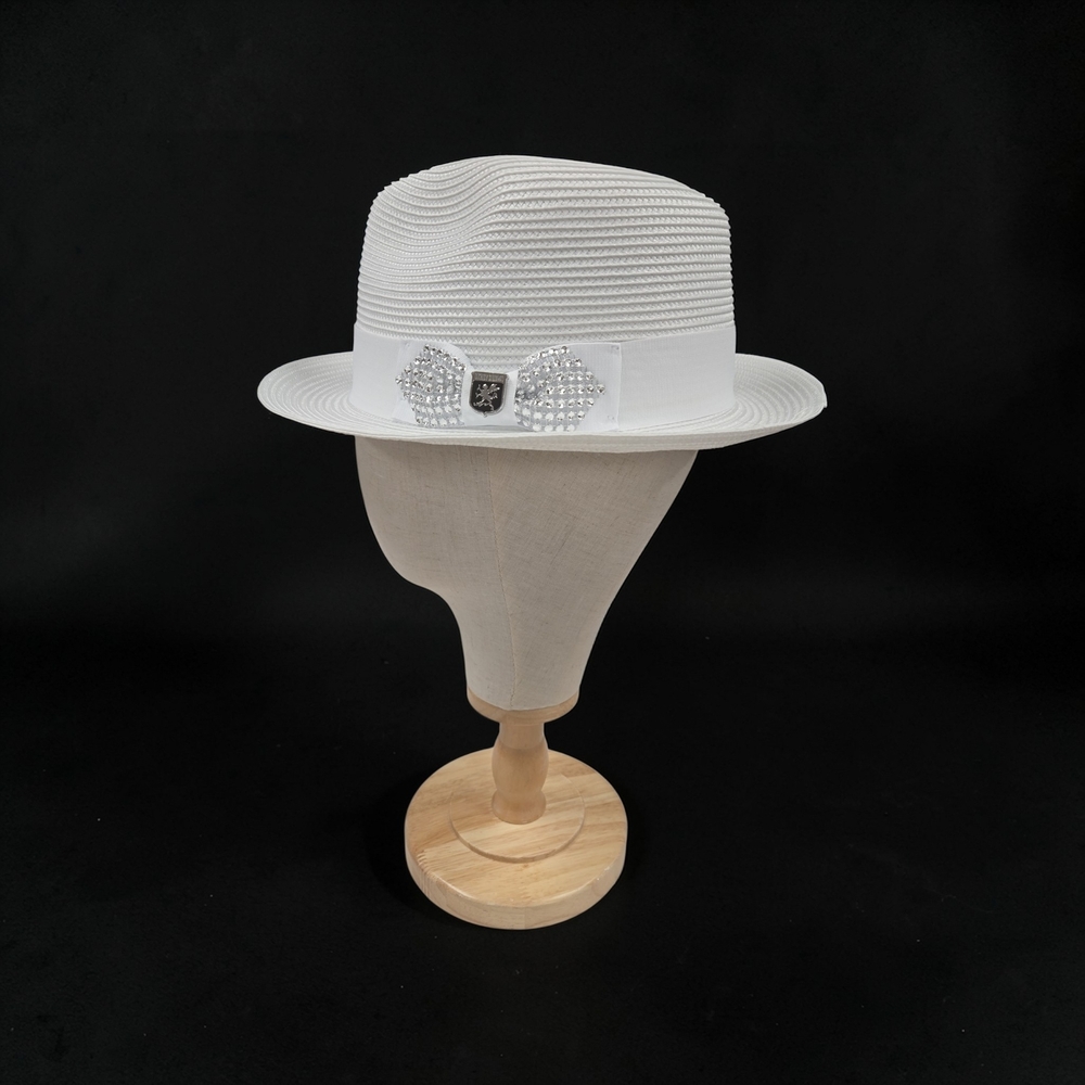 STACY ADAMS SPIRE BLING BOW RHINESTONE POLY BRAIDED PINCH FRONT MENS FEDORA HAT.